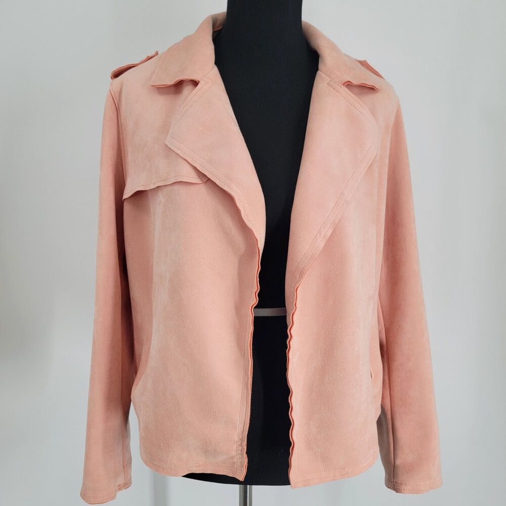 Philosophy Womens XL Peach Faux Suede Open Front Moto Trench Jacket Zip Pockets